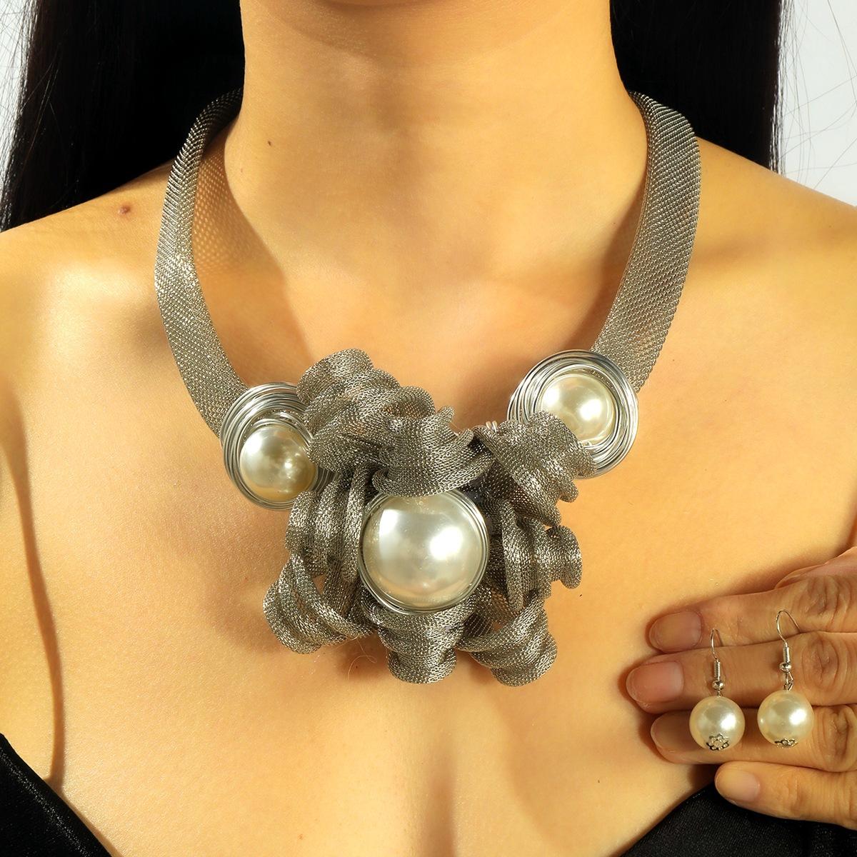 new cross-border middle east ornament suit fashion personality handmade woven pearl pendant necklace and earrings suite suit full figure