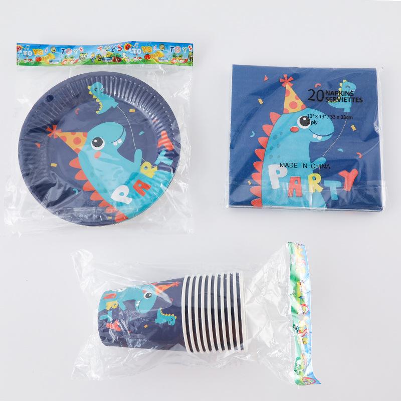 New Dinosaur Three-Piece Set Paper Pallet Paper Cup Tissue Set Birthday Party Supplies Scene Layout Decoration Set Application Scenario