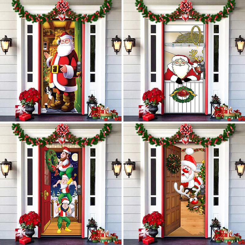 christmas face plate decoration green christmas background fabric christmas door shelter door hanging new year party decoration door set tapestry details Picture