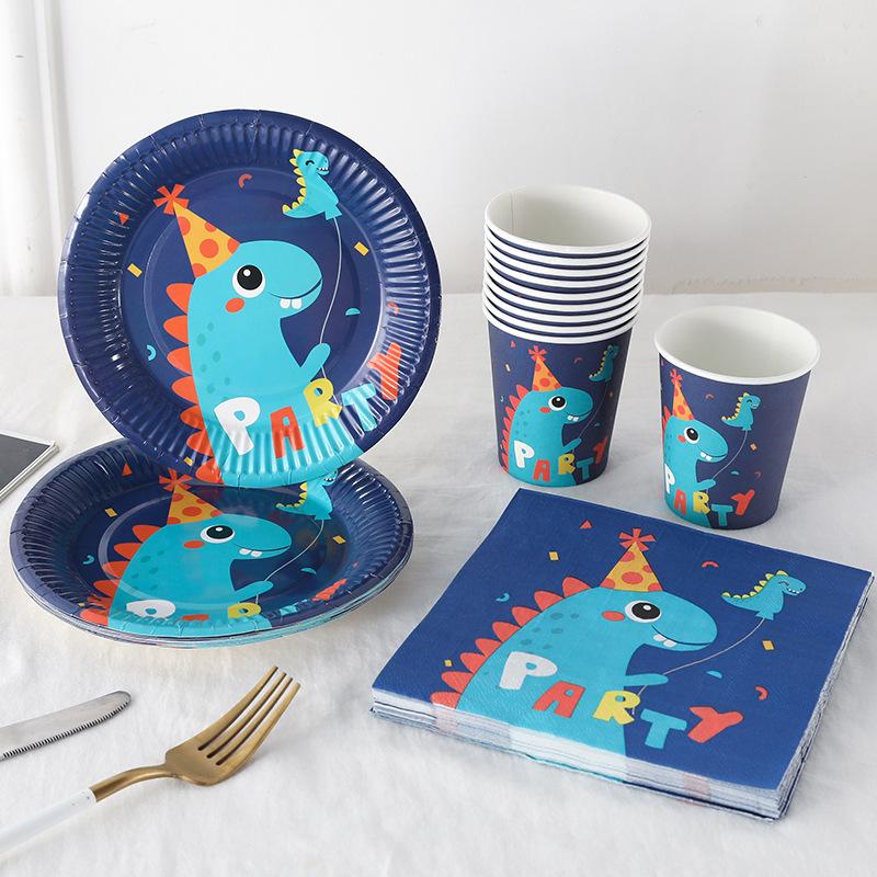 New Dinosaur Three-Piece Set Paper Pallet Paper Cup Tissue Set Birthday Party Supplies Scene Layout Decoration Set full figure
