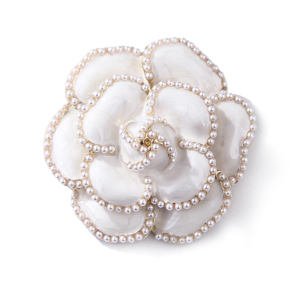 european and american retro camellia pearl brooch women's metal scarf buckle diamond corsage cute big pin ornament accessories Item Picture