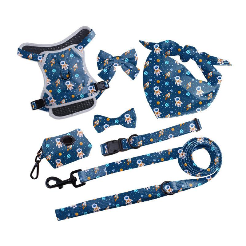 dog hand holding rope chest and back collar comfortable breathable pet hand holding rope six-piece set dog neck dog leash pet supplies Item Picture