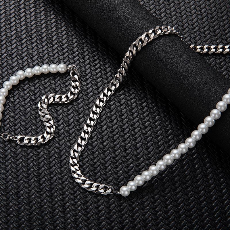 splicing stainless steel cuban chain pearl chain necklace men's colorfast titanium steel men's pearl necklace trendy cool