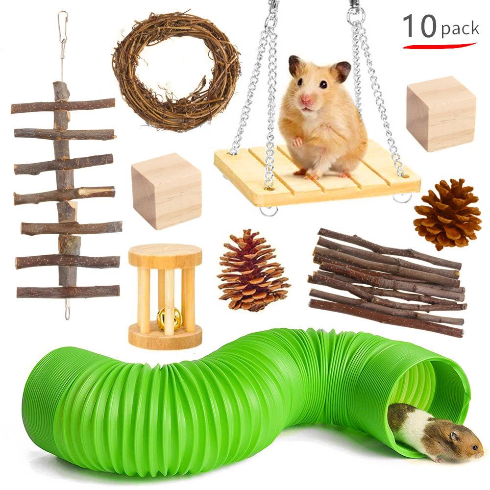 Hamster Chew Toys Dumbbell Unicycle Ball Swing Hollow Tree Trunk Pine Cones Bell Rollerhamster Toys Set Pet Toy full figure