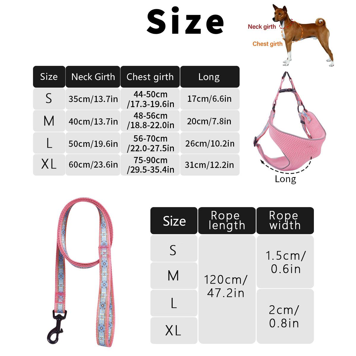 Amazon Pet Printing Chest and Back Dog Breathable Chest Strap Outing Dog Hand Holding Rope Anti-Lost Dog Leash Specification drawing