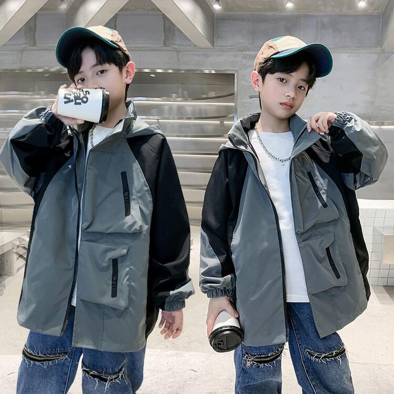 Korean Fashion Boy Hooded Outdoor Jacket Coat Trendy 2023 Spring New Medium and Big Children Trench Coat Wholesale