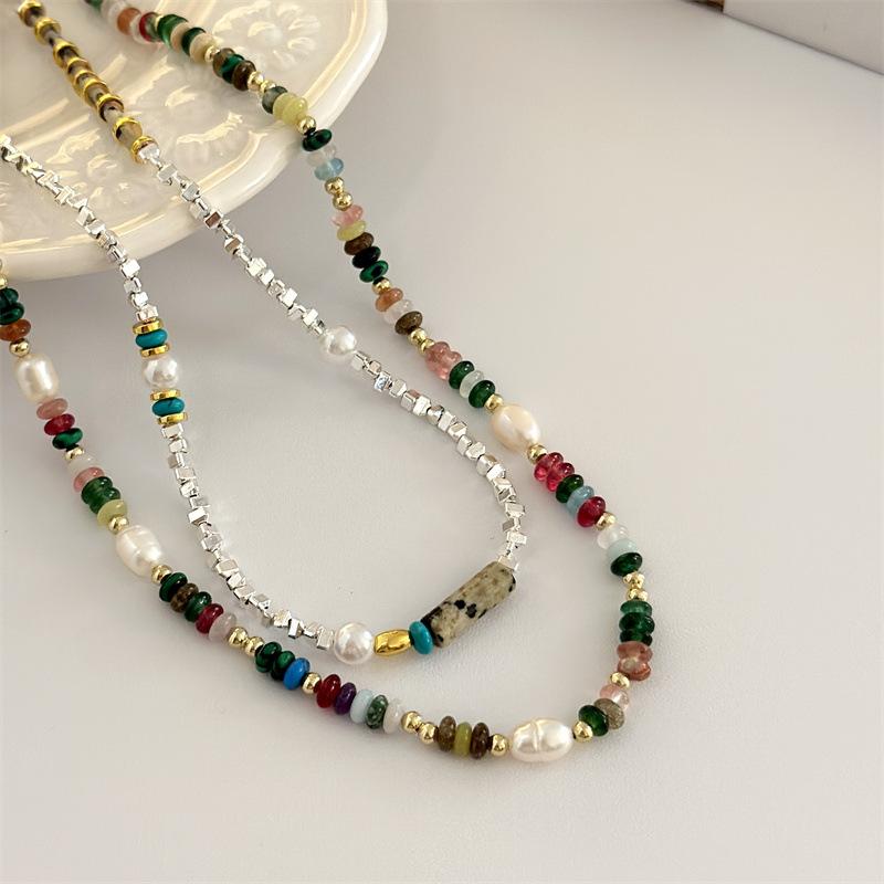 green stone aurora small pieces of silver pearl necklace light luxury sweet fresh handmade fresh water short pearl necklace