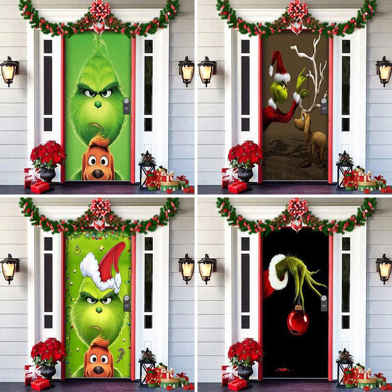 christmas face plate decoration green christmas background fabric christmas door shelter door hanging new year party decoration door set tapestry full figure