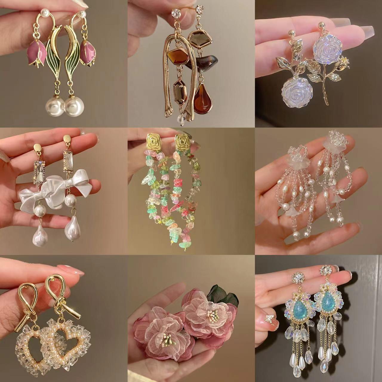 silver stud rhinestone-encrusted crystal pearl earrings european and american retro affordable luxury long earrings fresh sweet high-grade earrings for women details Picture