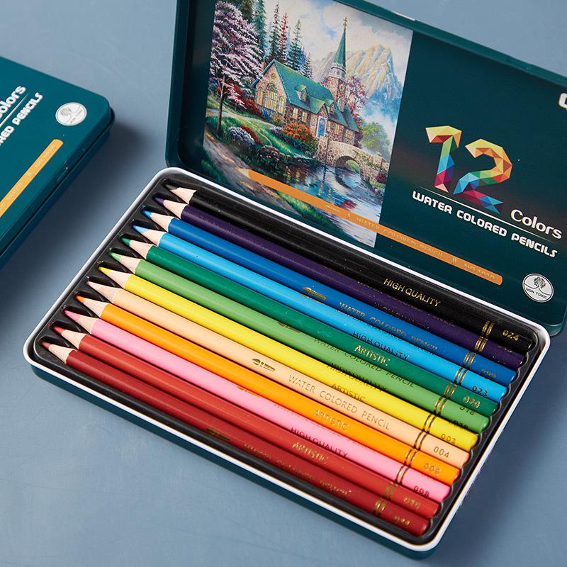 water soluble color pencil 12 color water soluble colored pencil iron box packaging student drawing art color lead suit pencil wholesale