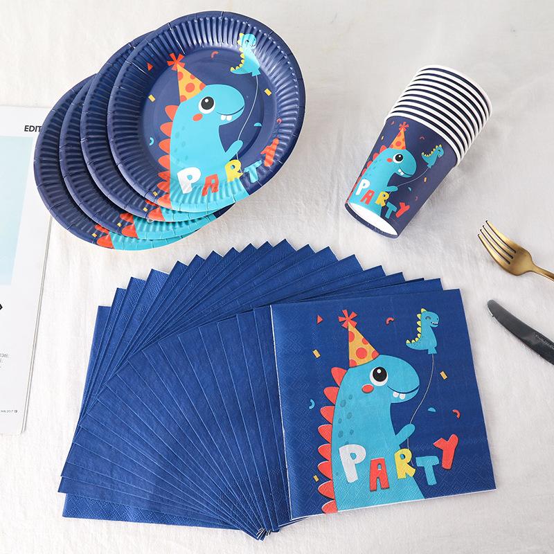 New Dinosaur Three-Piece Set Paper Pallet Paper Cup Tissue Set Birthday Party Supplies Scene Layout Decoration Set Specification drawing