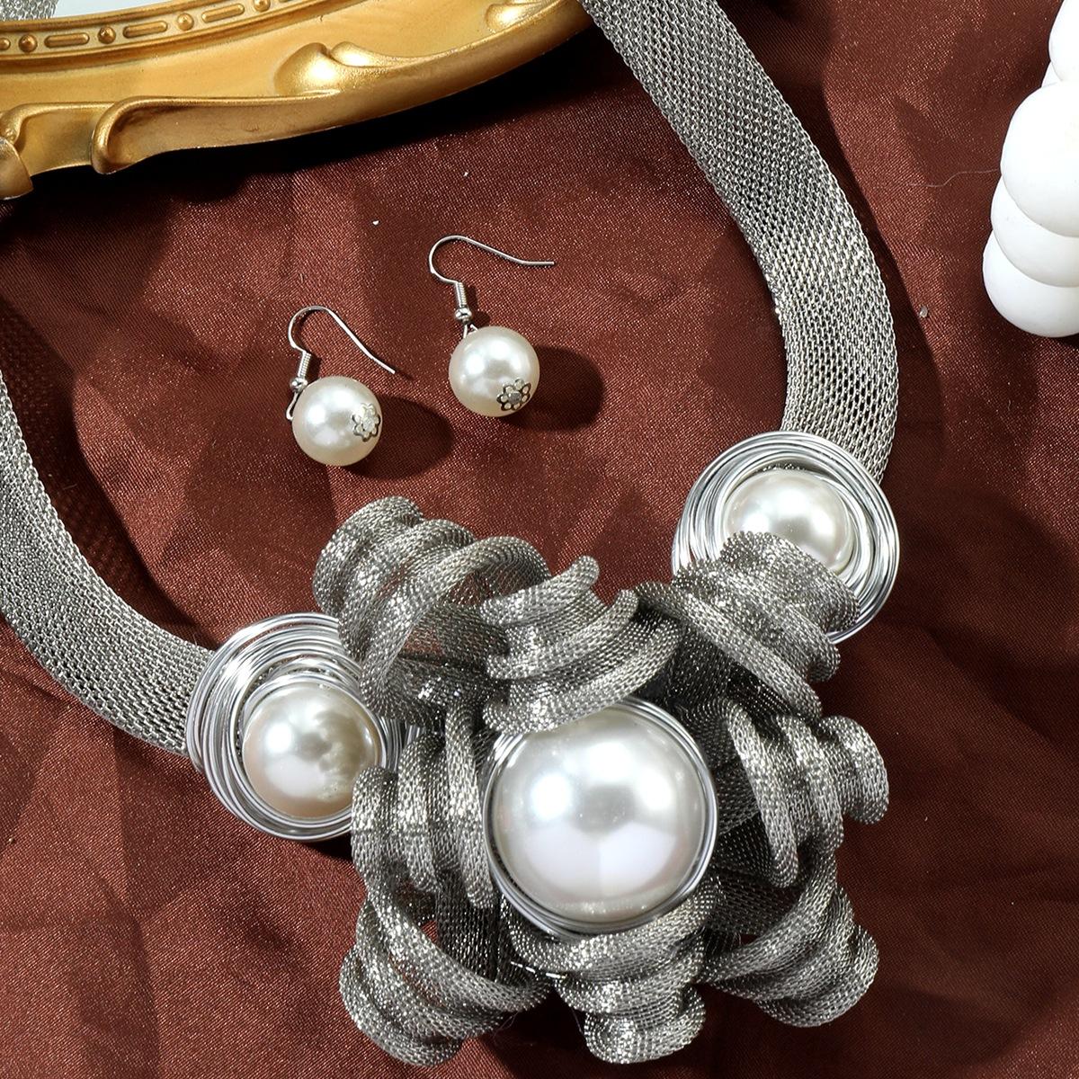 new cross-border middle east ornament suit fashion personality handmade woven pearl pendant necklace and earrings suite suit Specification drawing
