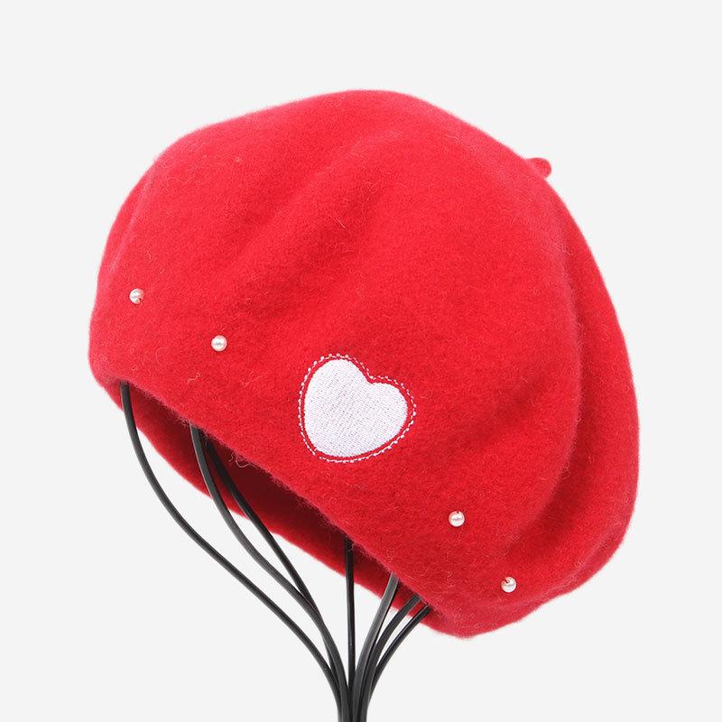 Children's Embroidery Love Beret Cute Sweet Pearl Painter Cap Fashion and Trendy Boy Simple Woolen Artistic Girl's Cap