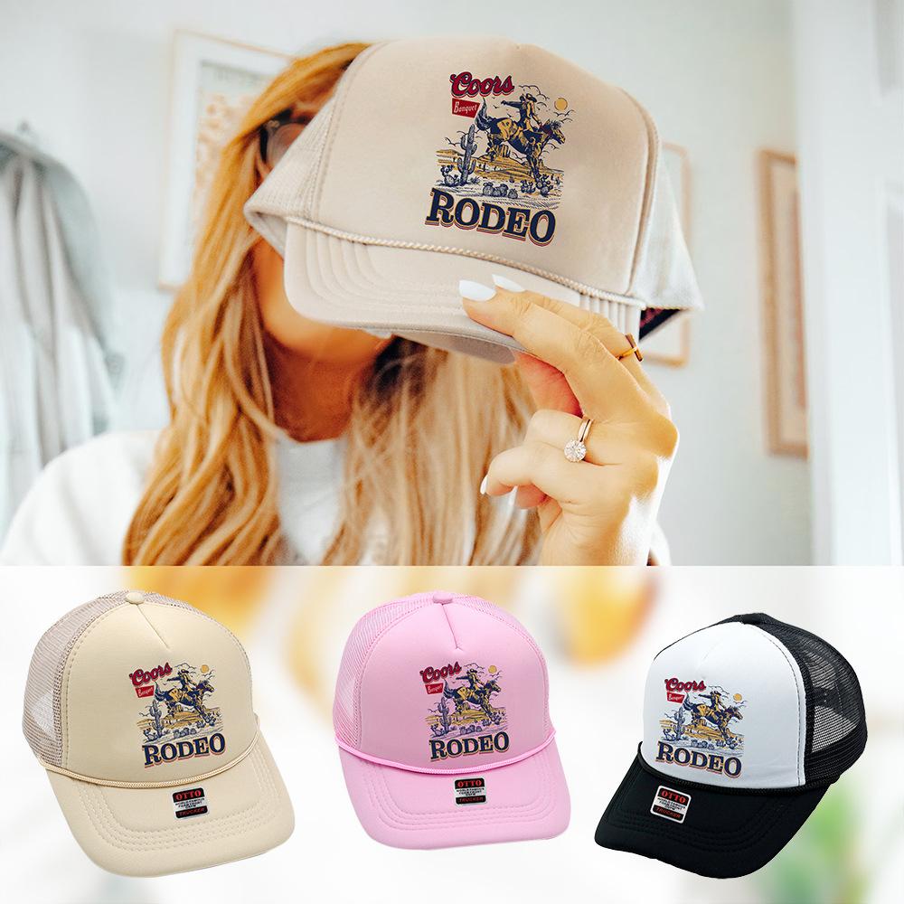 cross-border amazon rodeo trucker cap party denim printing sponge mesh cap summer female baseball hat full figure
