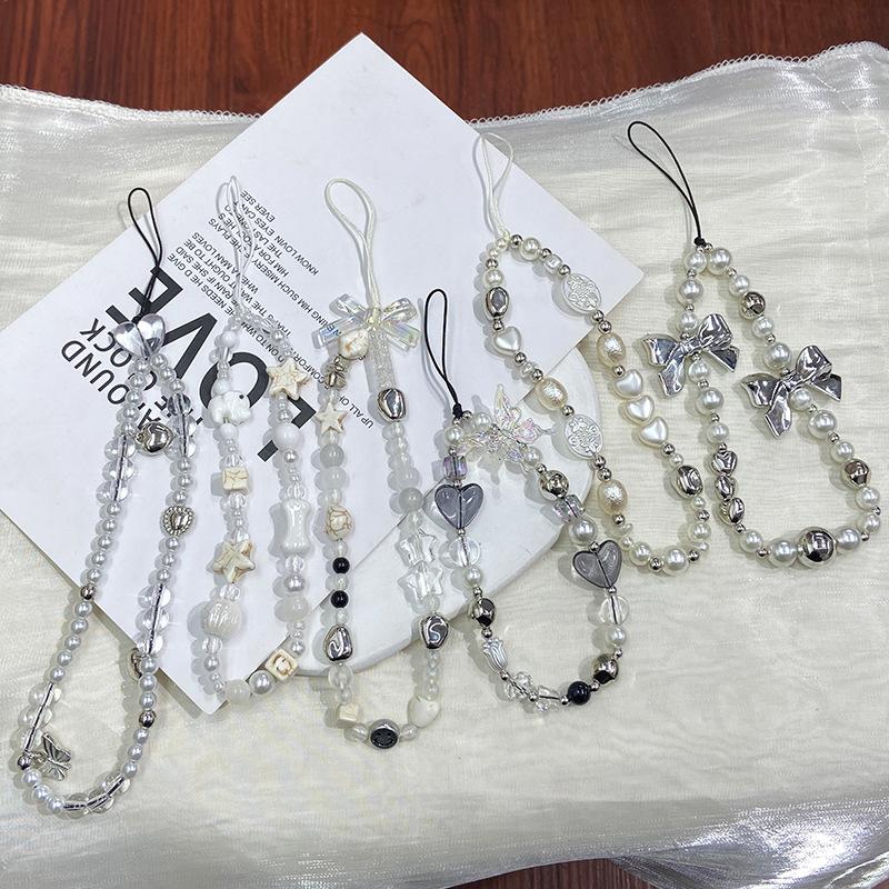 ins phone chain homemade pearl barlow silver bow mobile phone charm wrist pendant ccd lanyard camera pendant