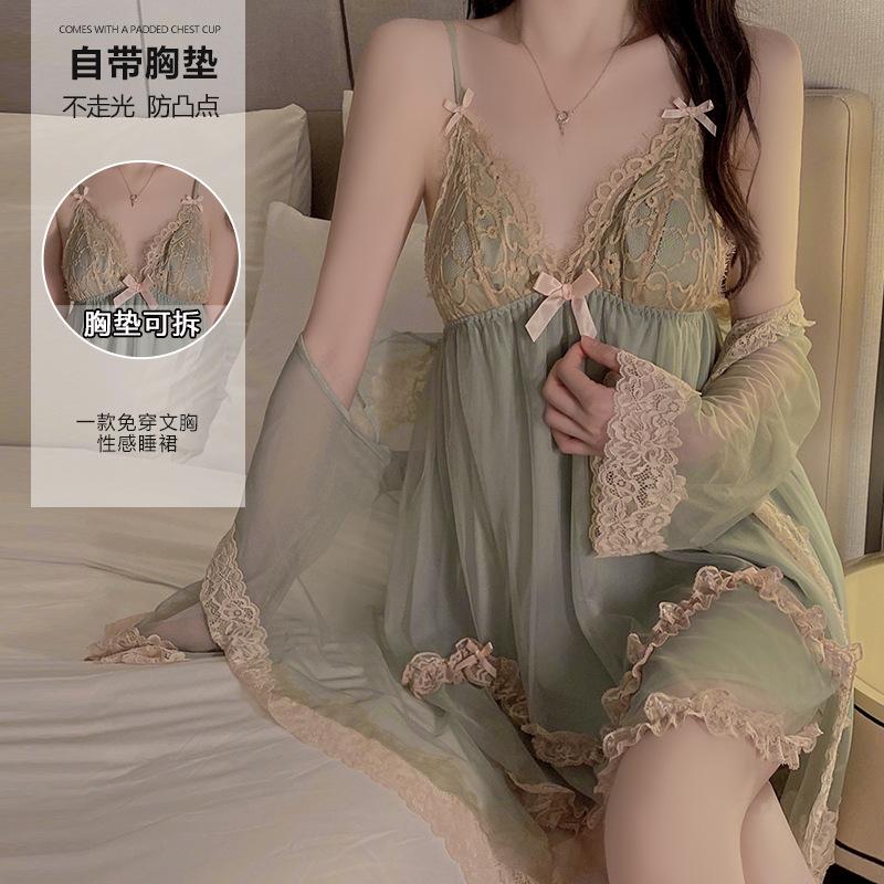 Ruoruo Sexy Underwear Pure Desire Mesh Pajamas with Chest Pad Push up Nightdress Outerwear Gown Women's Homewear Suit P3772 full figure