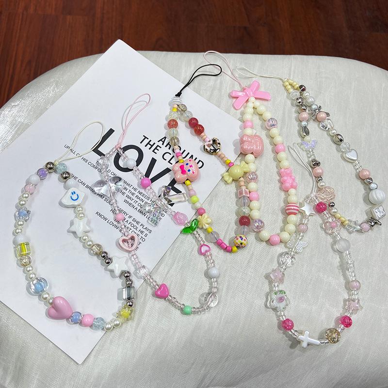 cloud flower face mobile phone lanyard girl phone case chain pearl heart clouds of stars sweet girl camera chain pendant rope