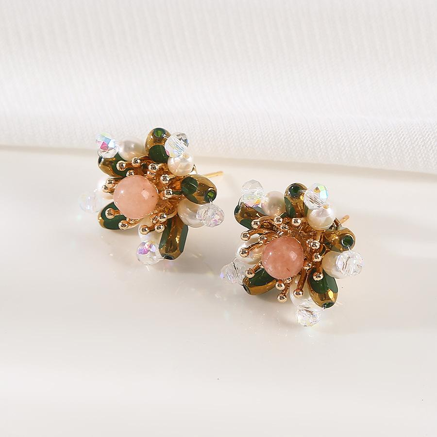 pink agate crystal woven stud earrings fresh water pearl earrings retro high sense temperament entry lux autumn and winter special-interest earrings