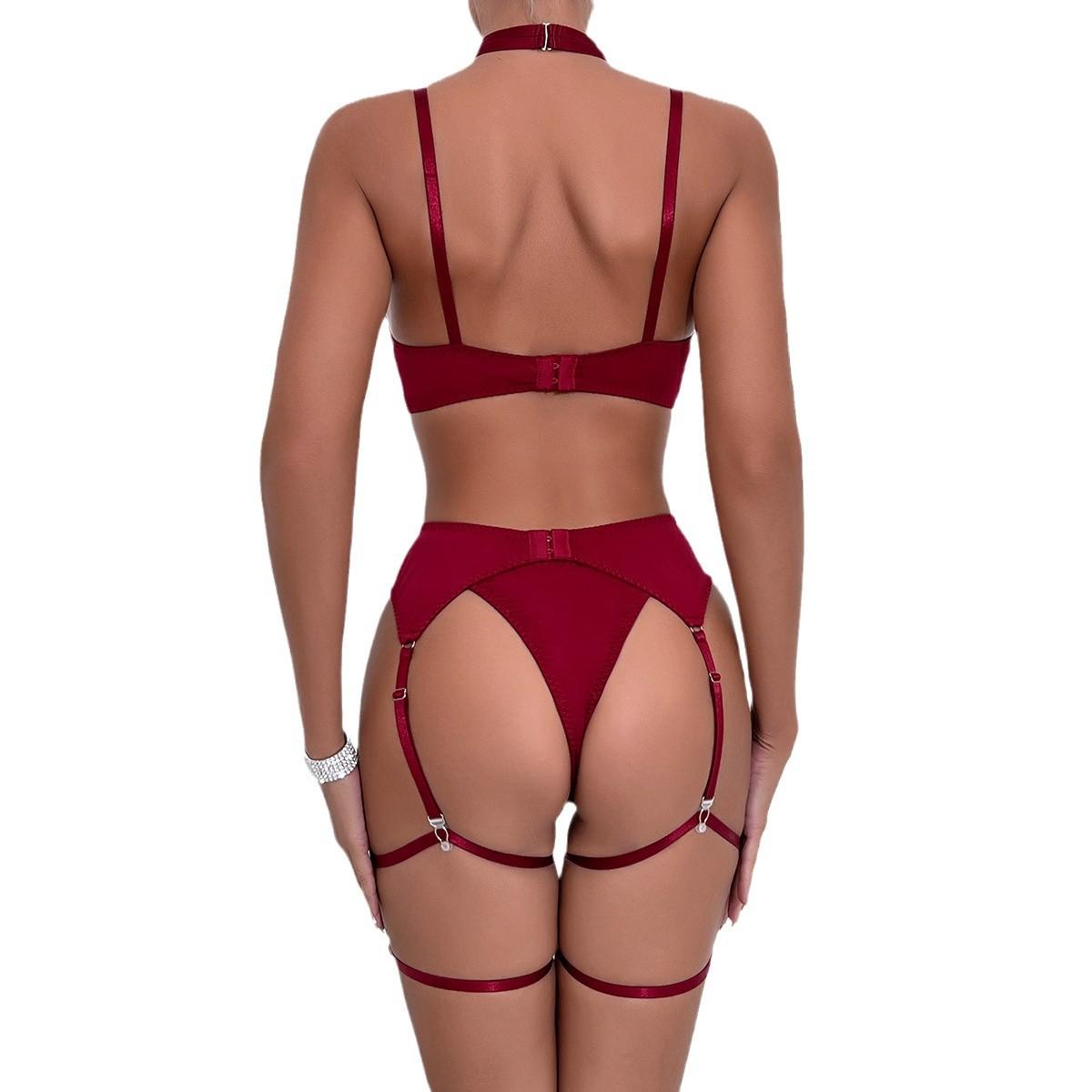 Europe and America Cross Border Hot Sexy Women's Underwear Bow Bandage Leakable Breast Steel Ring Push up Four-Piece Set with Gloves Item Picture