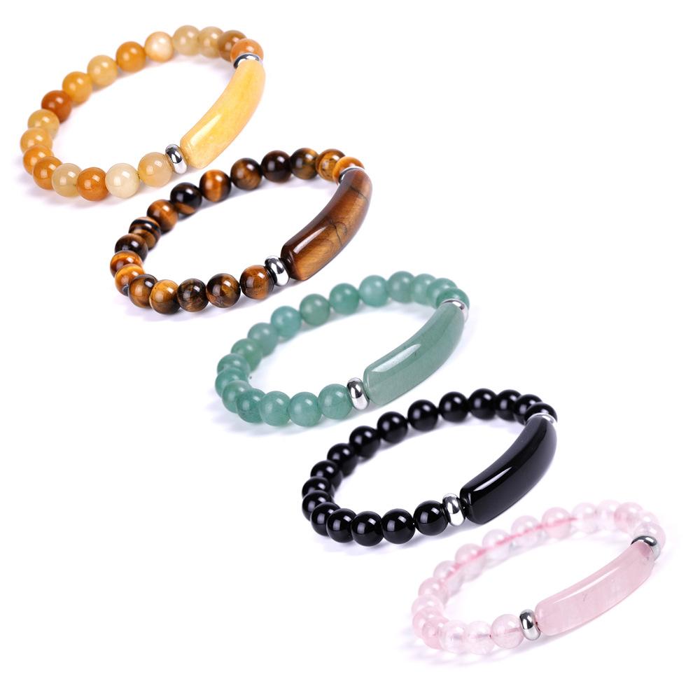 Cross-Border Bracelet 8mm Natural Stone Green Aventurine Bridge Tiger-Shaped Stone Pink Crystal Rough Stone Bracelet Stainless Steel Accessories Manual