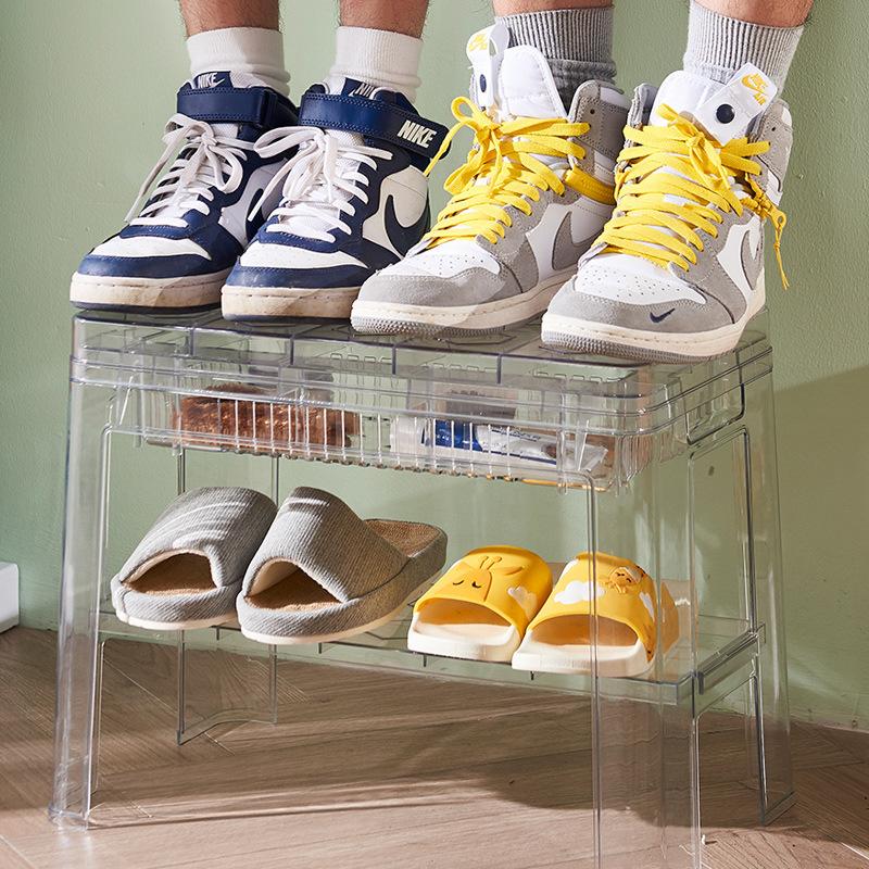 internet celebrity storage stool storage stool can sit at the door can store bench high simple plastic transparent shoe changing stool Application Scenario