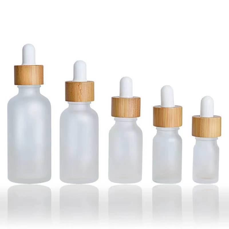 frosted essential oil bottle bamboo ring transparent storage bottle glass cosmetic subpackaging sample bottle 10ml plastic cap dropper bottle