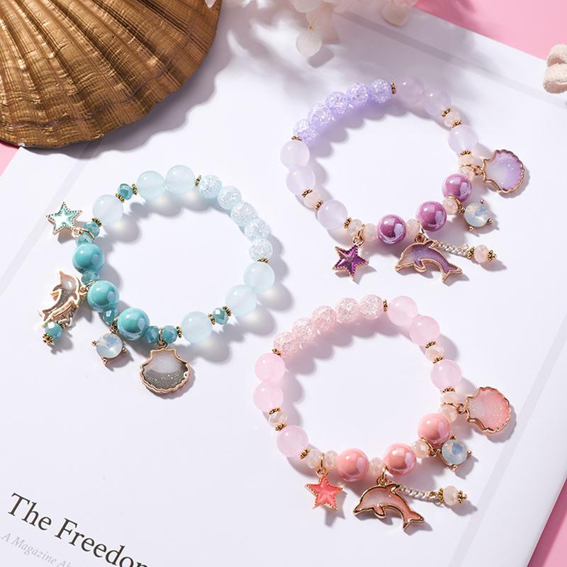 korean style sweet ocean vacation style dolphin shell bracelet fashion pink crystal cracked cystal bracelet small fresh bracelet for women