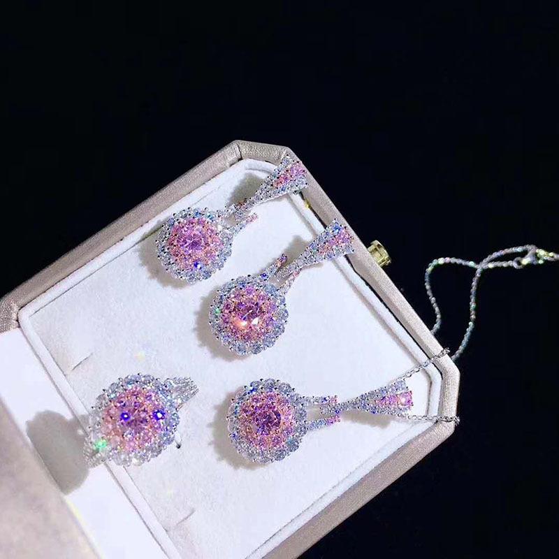 pink crystal suit earring ring necklace retro exquisite zircon earrings pendant special-interest design simple ring
