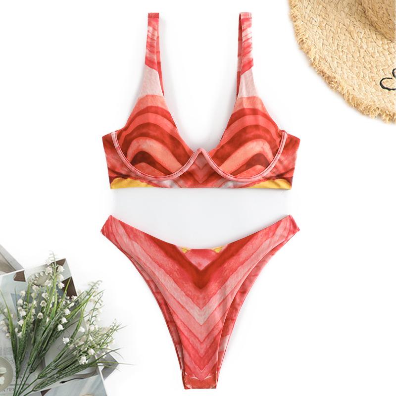 new asian women's steel bracket push up printed split swimsuit sexy bikini bikini