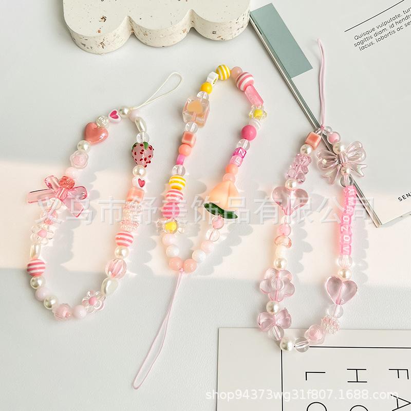 new strawberry accessories mobile phone lanyard beaded bracelet phone case pendant pink ornament accessories cross-border