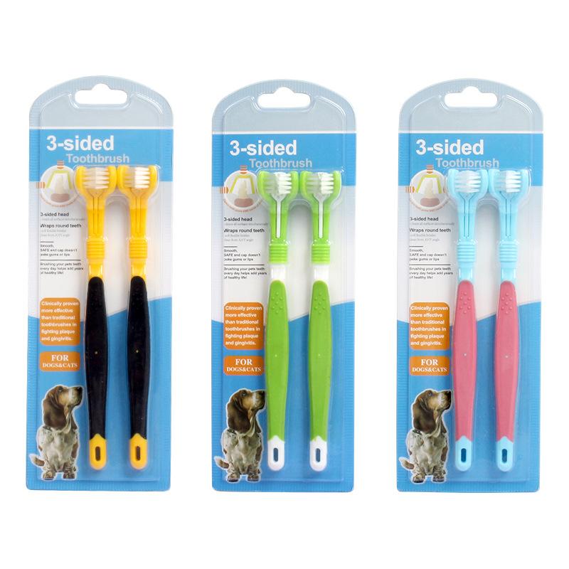 cross-border pet toothbrush suit oral cleaning care plastic goods medium dog three-headed dog toothbrush