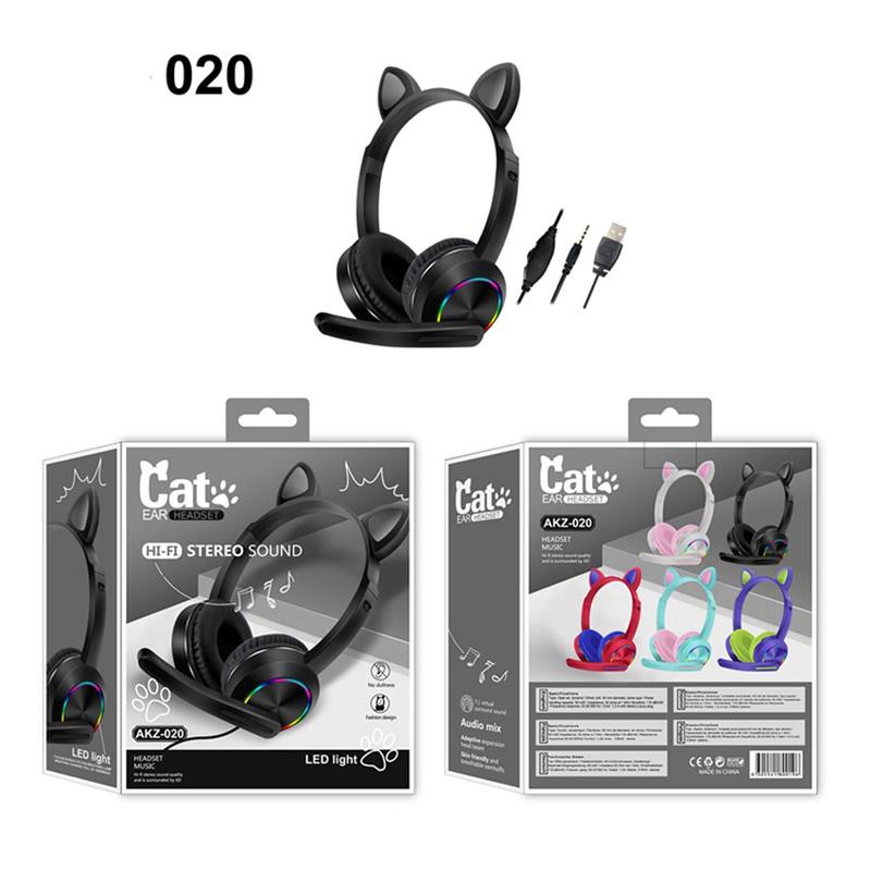 AKZ-020 Cat Ears Luminous Headset for Mobile Phone Computer Headset Cool Stereo Ps4 E-Sports Game Specification drawing