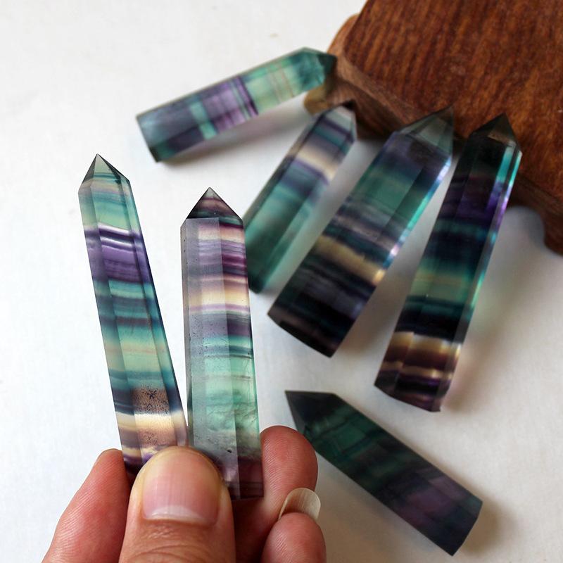 natural crystal colorful fluorite hexagonal single pointed pillar decoration blue green purple fluorite hexagon prism factory wholesale