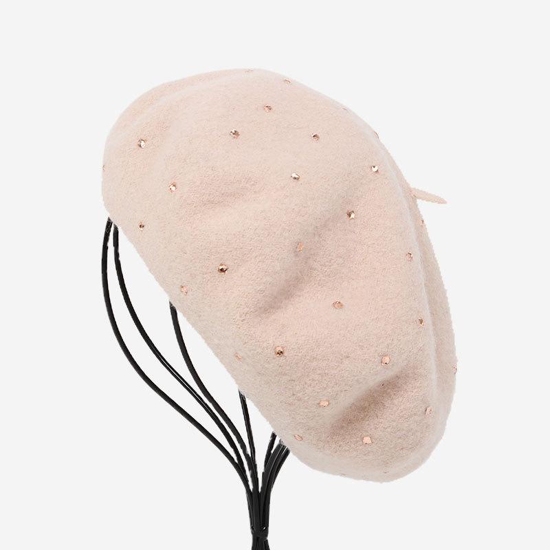 Light Pink Wool Beret Women's Rhinestone Crystal Clear Light Pink Quadrangle Rhinestone Sweet Temperament Women's Hat Wholesale
