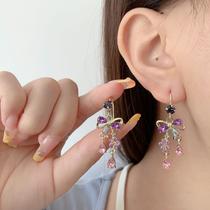 purple light luxury minority crystal bow tassel earrings women's high-grade personalized earrings french fairy ear rings