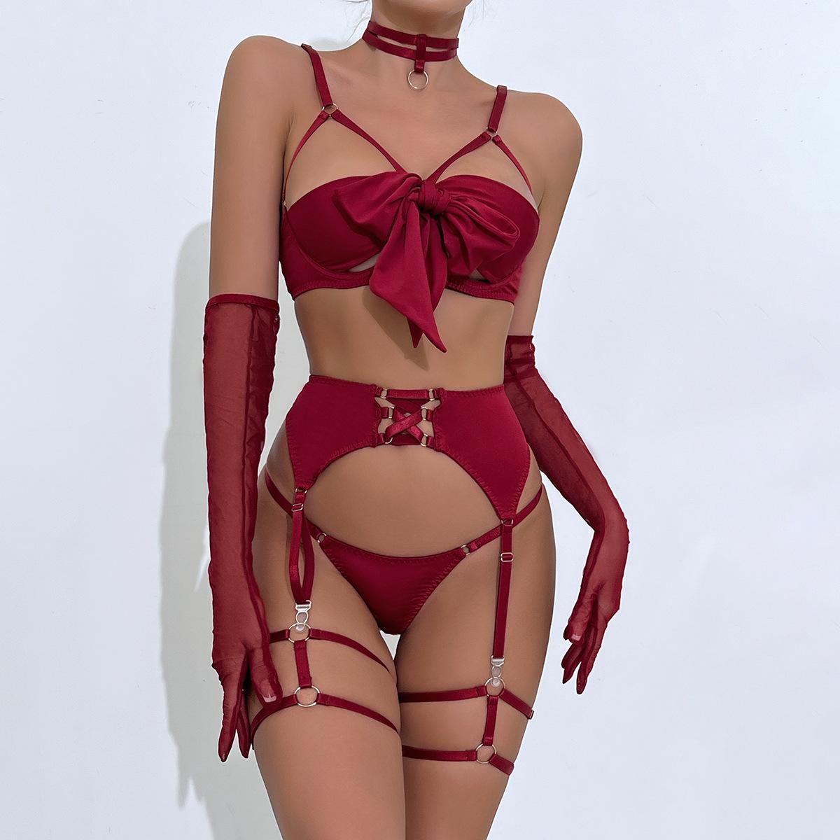 Europe and America Cross Border Hot Sexy Women's Underwear Bow Bandage Leakable Breast Steel Ring Push up Four-Piece Set with Gloves full figure