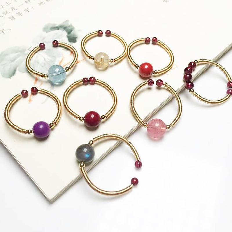 Natural Crystal Ring Garnet Labradorite Hair Crystal Purple Mica Cinnabar 14K Winding Female Crystal Ring Gift