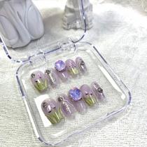 handmade wear nail fluorescent mid-length uv nail stick-on crystals purple uv nail finished wear nail detachable