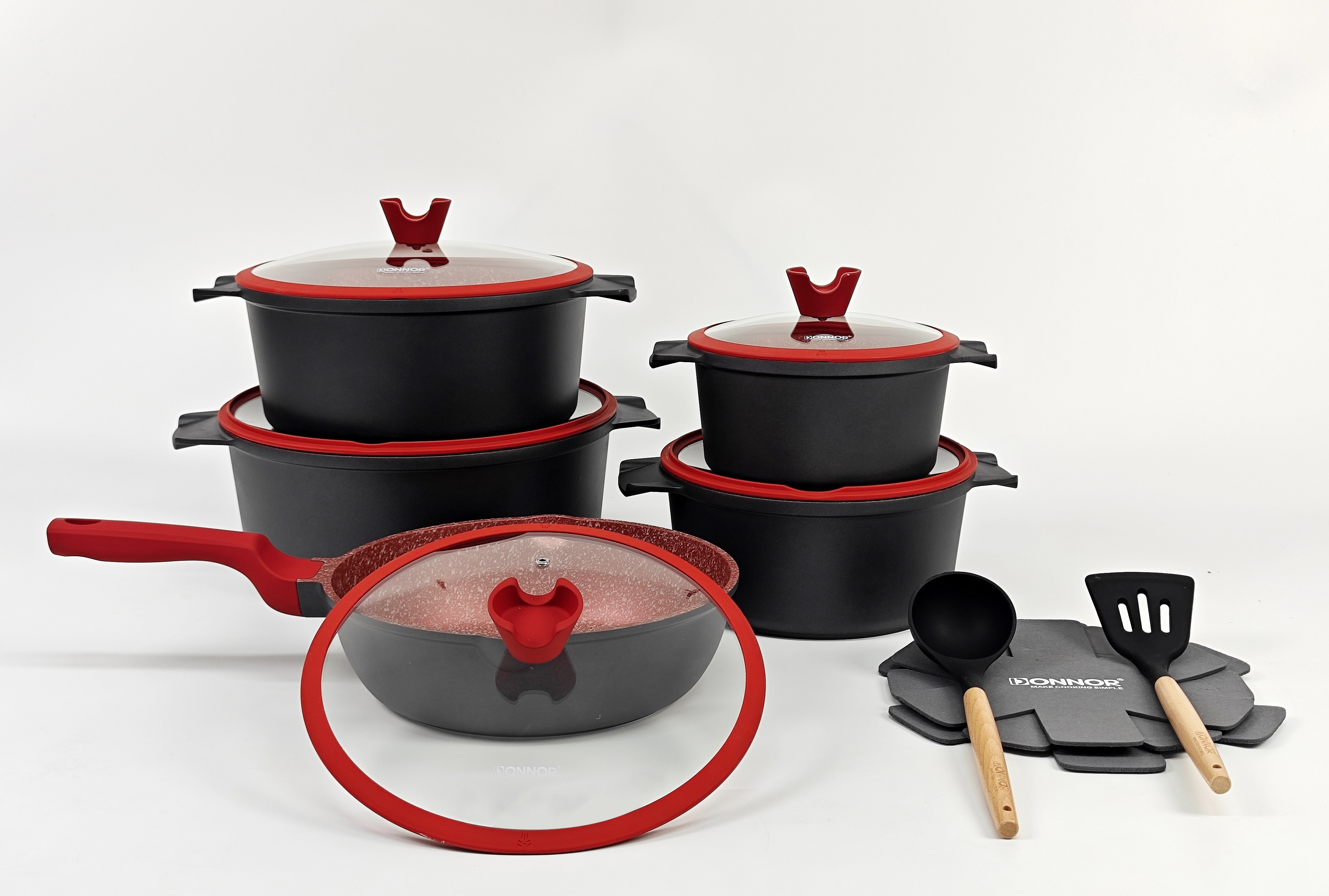 Ruili series 15-piece set: 20/24/28/32 soup pot, 28 deep frying pan, 3 silicone LIDS, 2 pot pads, 2 silicone spatulas, silicone LIDS covering the bottom, stacked with 5 layers of silver embossed color box, black, blue, ivory white Specification image