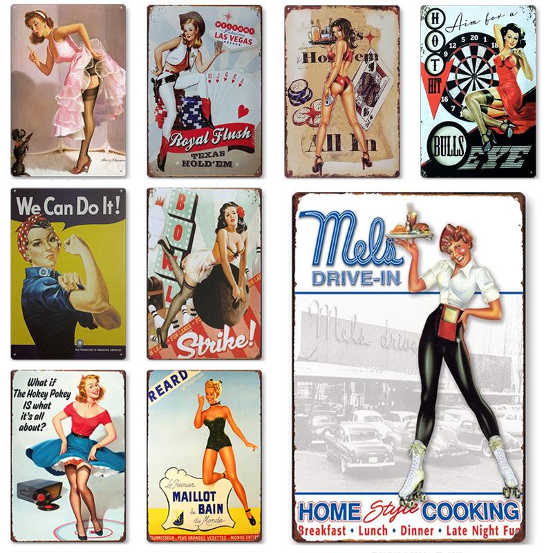 vintage iron sheet painting wall plate bar home ktv wall decoration and wall hanging tin metal decor sexy girl