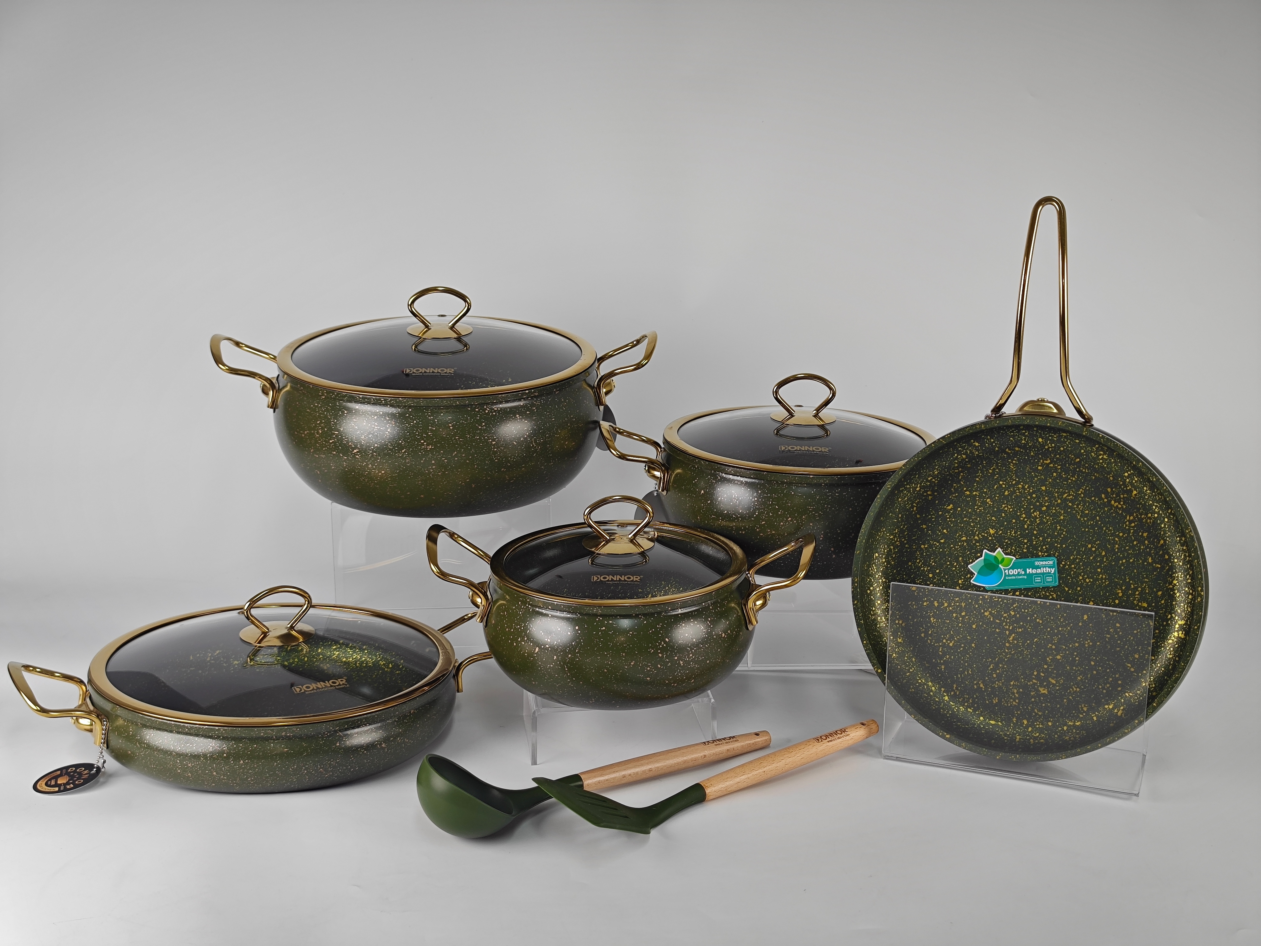 Mary 11-piece five-layer color box 20/24/28 soup pot 28 shallow soup pot 26 frying pan Wide edge PVD coated lid 2 silicone spatula five-layer color box 2 sets per box, color black beige Specification image