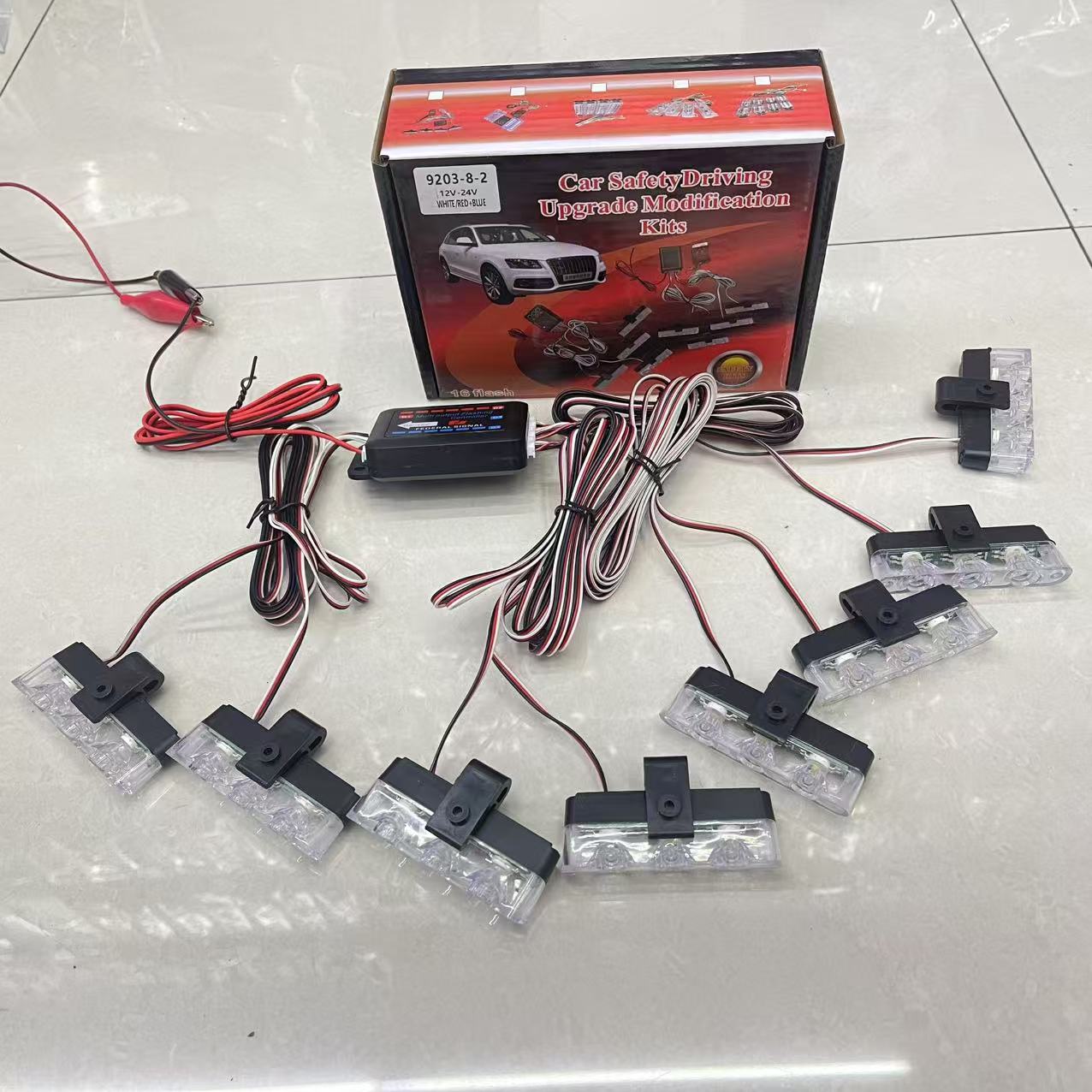 Car LED grille flashing light, one-to-eight wireless remote control light, dual-color flashing red, blue, white light and warning light Application Scenario