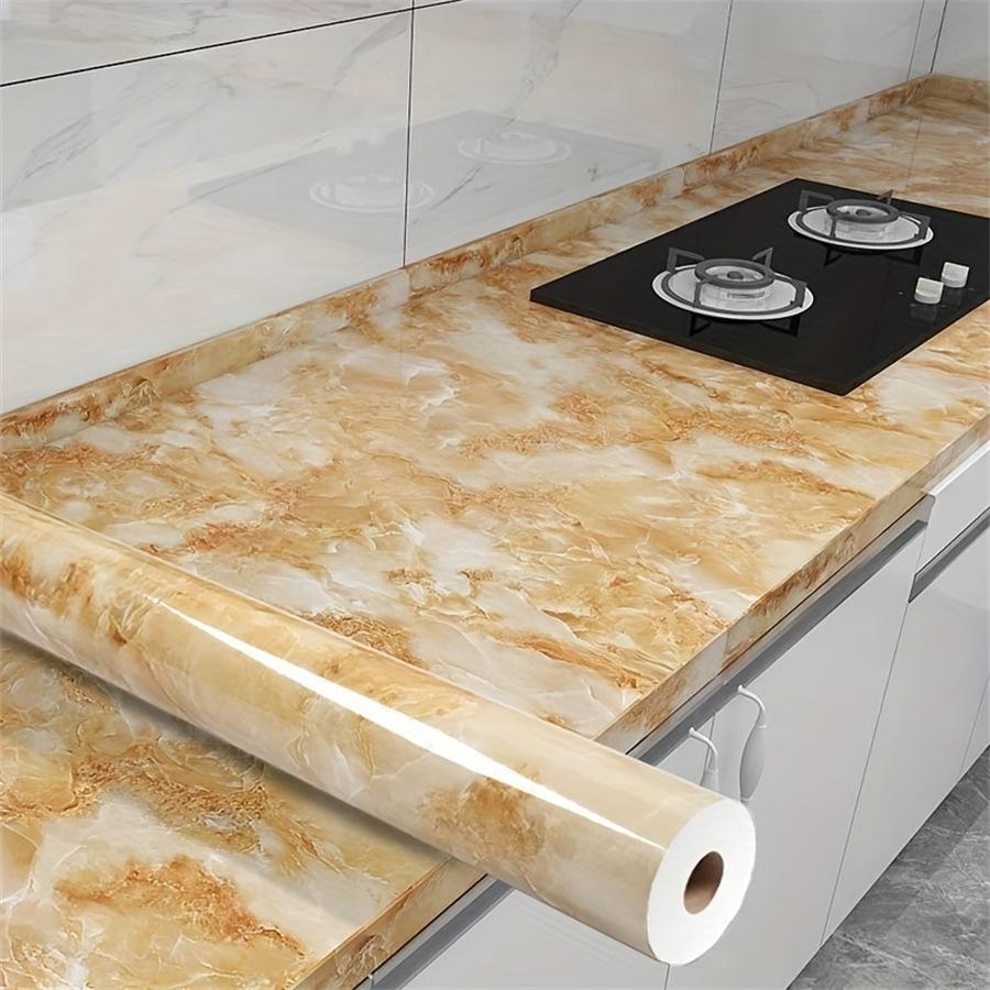 Cross-Border Hot Yellow Glossy Marbling Self-Adhesive Wallpaper Wholesale Kitchen Stove Furniture Renovation Oil Proof Sticker full figure