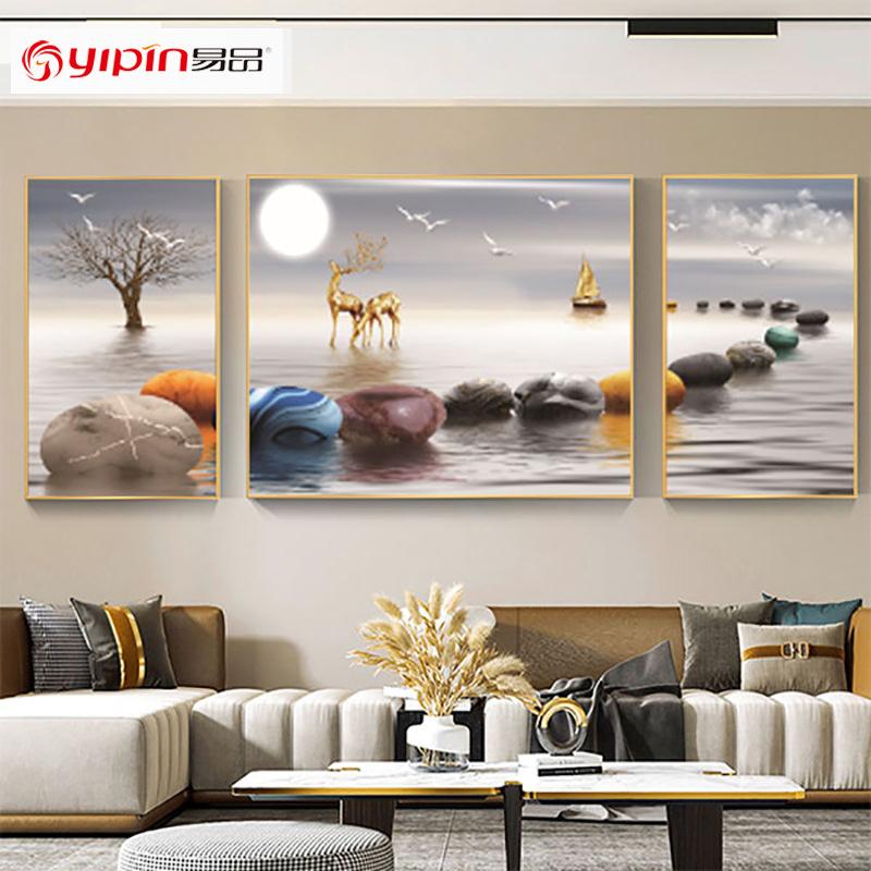 modern landscape painting nine fish pattern triple wall painting atmospheric light luxury living room decorative painting sofa background wall paintings wallpaper details Picture
