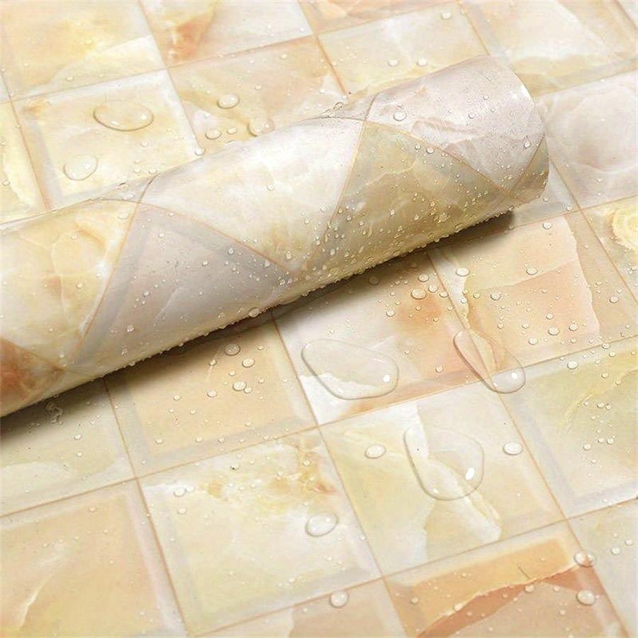 Cross-Border Hot Yellow Glossy Marbling Self-Adhesive Wallpaper Wholesale Kitchen Stove Furniture Renovation Oil Proof Sticker Application Scenario