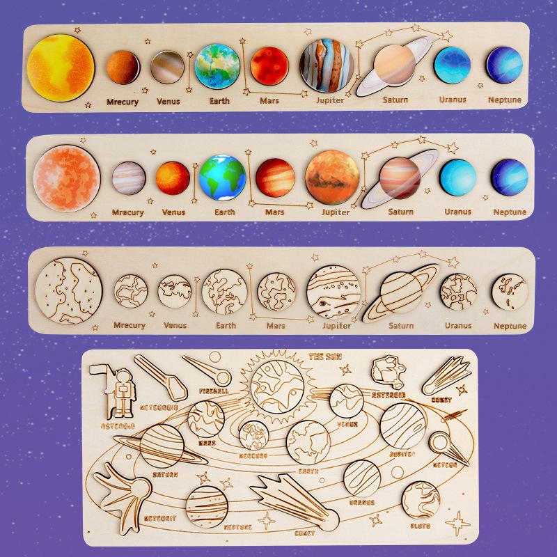 cross-border new wooden three-dimensional puzzle solar system model toy set montessori planetary science and education puzzle details Picture