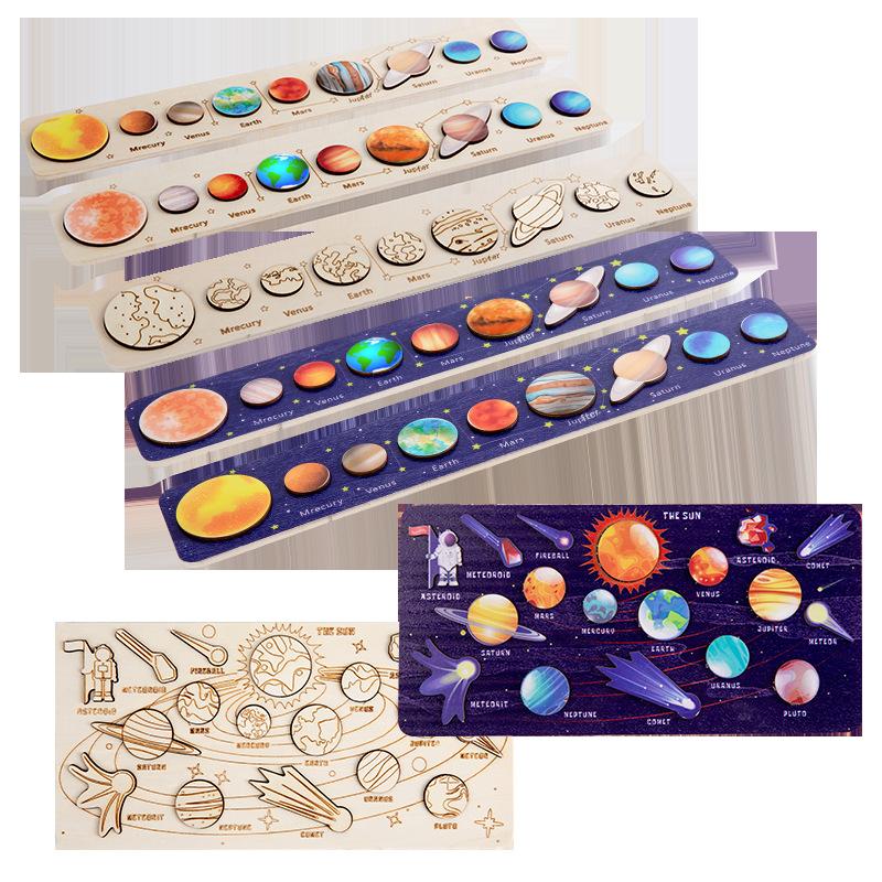 cross-border new wooden three-dimensional puzzle solar system model toy set montessori planetary science and education puzzle Item Picture