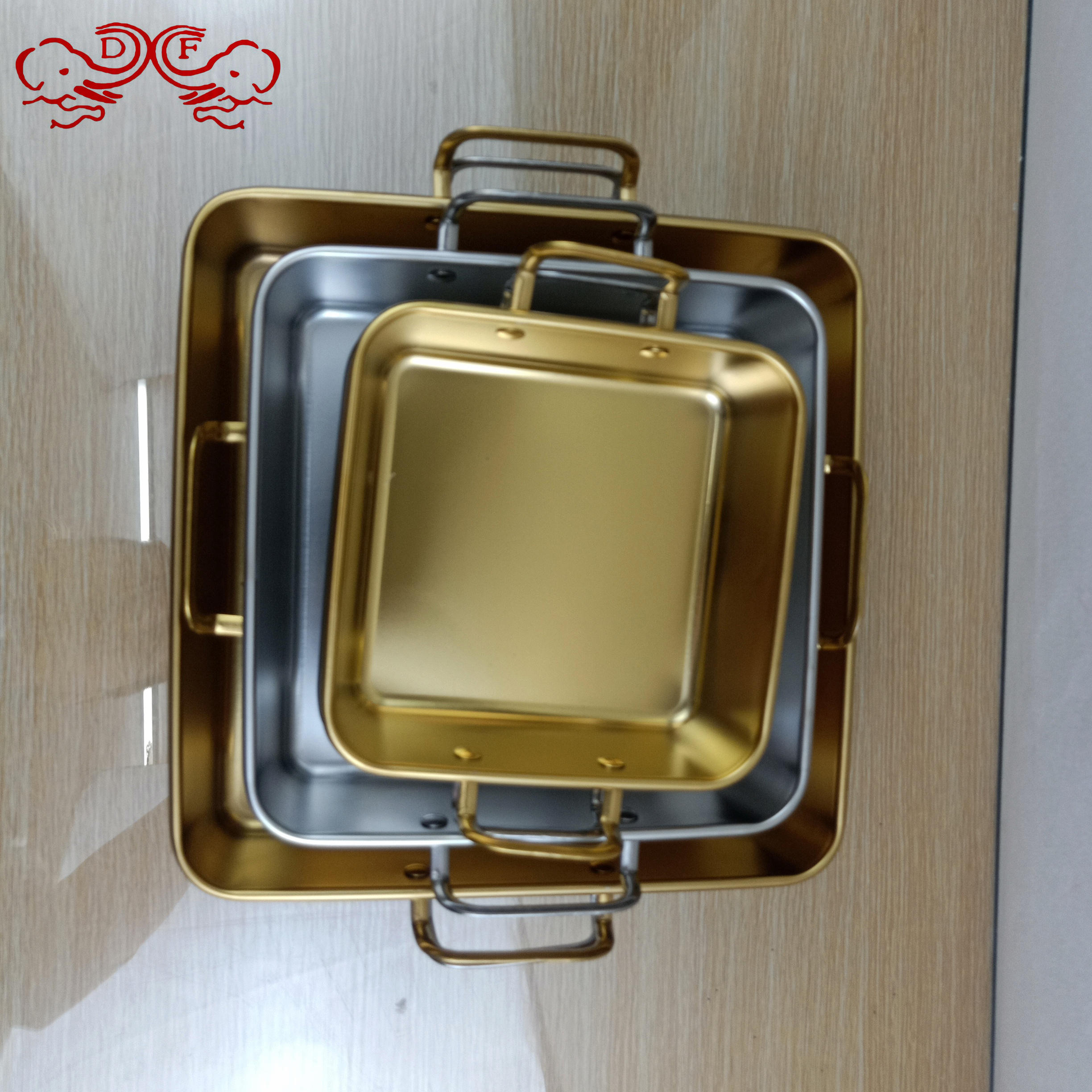 Df99251 Creative Double-Aural Stainless Steel Square Plate Korean Gold Fried Chicken And Chips Plate Flat Snack Tray Df Tradinghouse details Picture