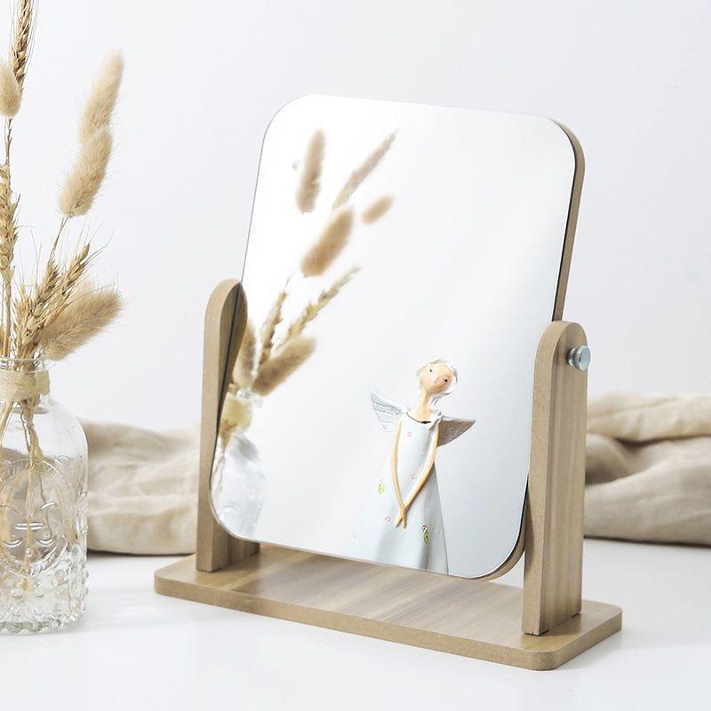 internet celebrity high clearness mirror for dormitory wooden makeup mirror rotatable desktop large student dressing 360 degrees details Picture