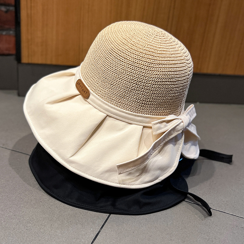 Summer black rubber bow sun hat for women, hollowed-out straw hat, UV protection, face protection, sun protection, fisherman's hat
